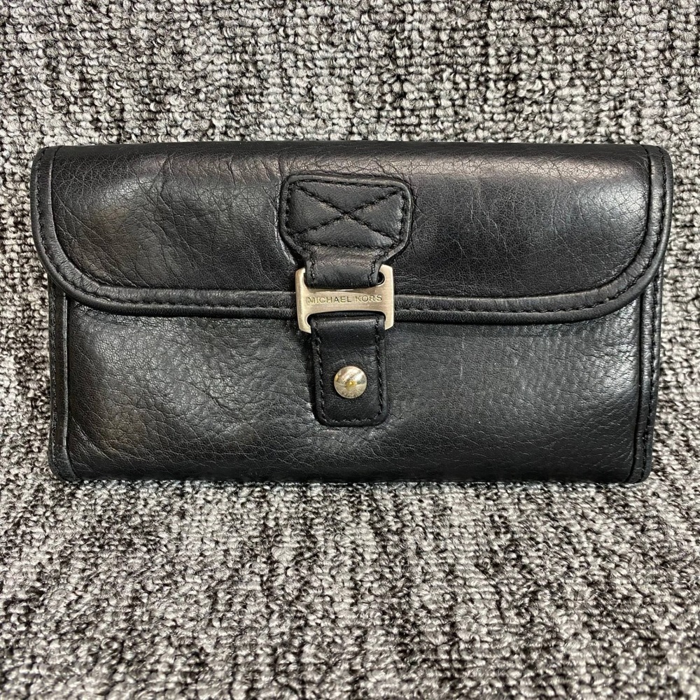 VTG Michael Kors Black Leather Trifold Wallet Snap Organizer Continental Large